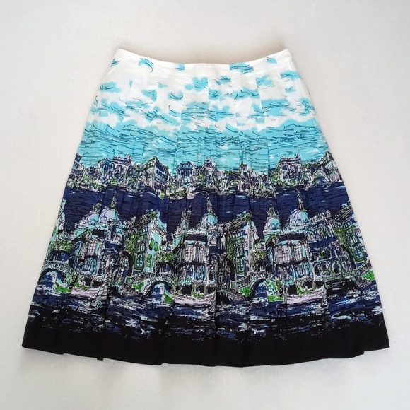 Talbots Women’s Blue White & Green Italian Seascape Motif Midi Pleated Skirt 4/P - Picture 6 of 13